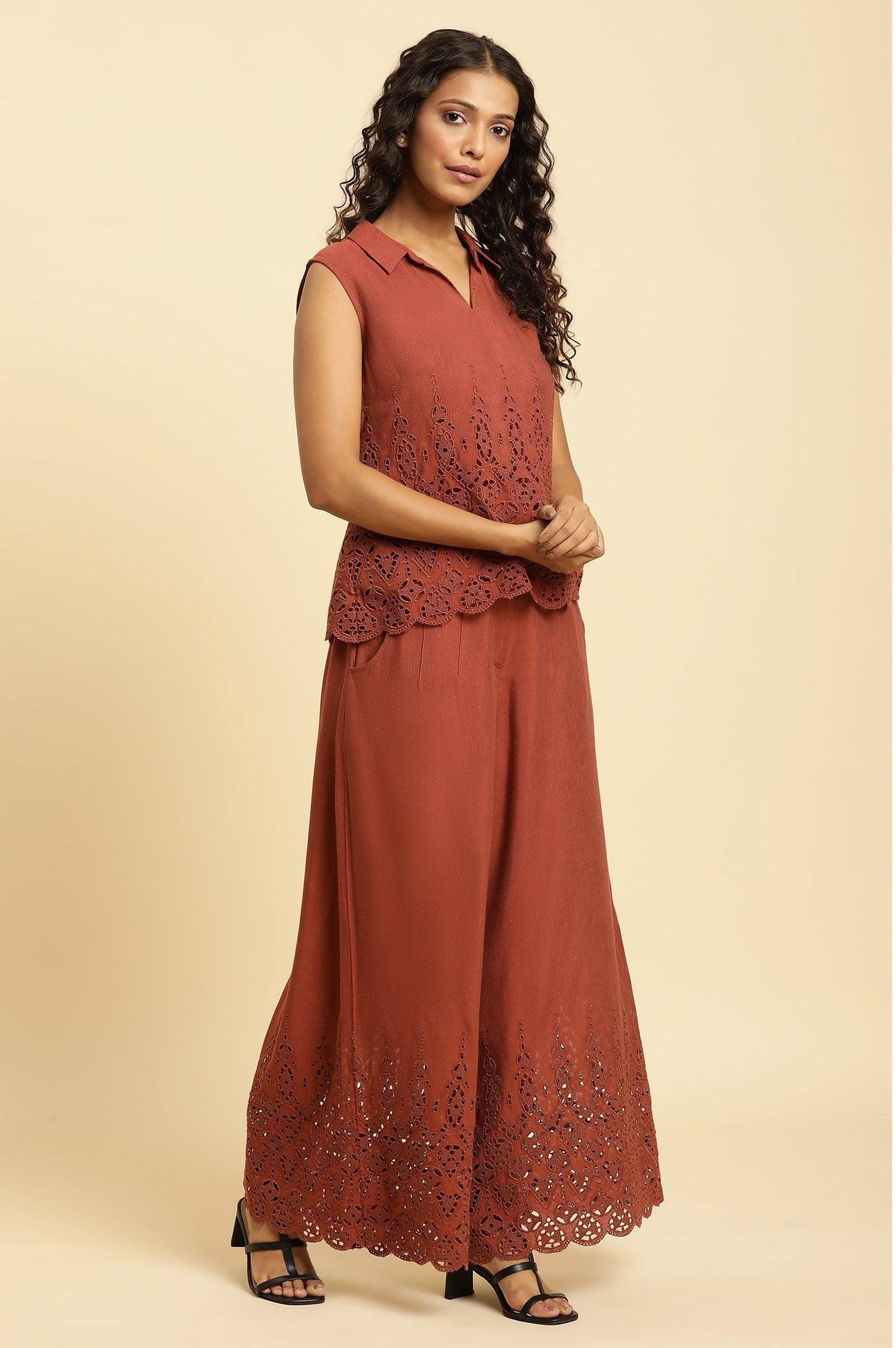 Dark Red Cotton Schiffli Top And Pants Co-Ord Set - Image 3